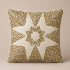 Machine Crafted Cream Cushion Cover – 12"x12" | Geometric Star Patchwork Embroidery | Premium Poly-Cotton Decorative Cushion Cover