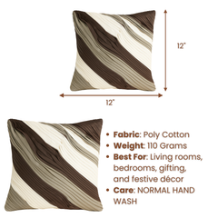 Fabric-Crafted Brown Cushion Cover – 12"x12" | Triple-Tone Pleated Waves | Premium Poly Cotton