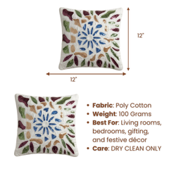Handcrafted White Cushion Cover – 12"x12" | Artistic Multi-Color Embroidered Floral Design | Premium Poly Cotton