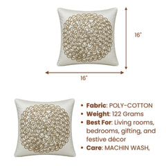 Machine Crafted Cream Cushion Cover – 16"x16" | Elegant Gold Floral Embroidery | Premium Poly-Cotton Decorative Cushion Cover