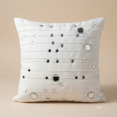 Handcrafted White Cushion Cover – 16"x16" | Decorative Bead & Thread Work | Premium Poly Cotton