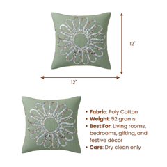 Handcrafted Light Green Floral Cushion Cover – 12"x12", Premium Poly Cotton