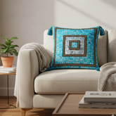 Handcrafted Turquoise Cushion Cover – 16"x16" | Square Embellished Design with Tassels | Premium Poly Cotton