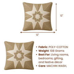 Machine Crafted Cream Cushion Cover – 12"x12" | Geometric Star Patchwork Embroidery | Premium Poly-Cotton Decorative Cushion Cover