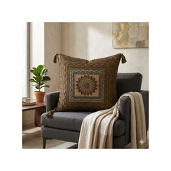 Handcrafted Cushion Cover – Beige | 16"x16" | Traditional Embroidered Tassel Decorative Cushion Cover