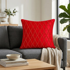 Hand Crafted Cushion Cover – Red | 16"x16" | Poly Cotton | Premium Beaded Embroidery Design