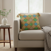 Handcrafted Beige Cushion Cover – 16"x16" | Diamond Patchwork Embroidery | Tassel Accents | Premium Poly Cotton