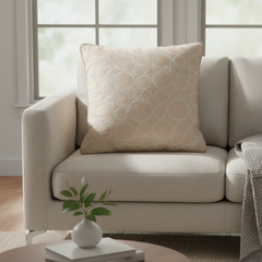 Machine-Crafted Beige Cushion Cover – 16"x16" | Circular Embroidered Design | Premium Poly Channel Fabric