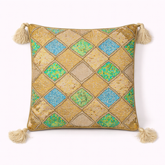 Handcrafted Beige Cushion Cover – 16"x16" | Diamond Patchwork Embroidery | Tassel Accents | Premium Poly Cotton