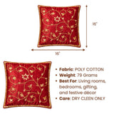 Hand Crafted Cushion Cover – Red | 16"x16" | Poly Cotton | Embroidered Floral Vine Design