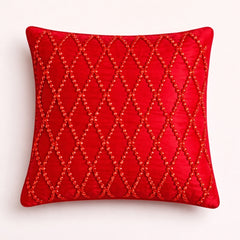 Hand Crafted Cushion Cover – Red | 16"x16" | Poly Cotton | Premium Beaded Embroidery Design