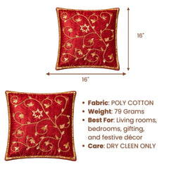 Hand Crafted Cushion Cover – Red | 16"x16" | Poly Cotton | Embroidered Floral Vine Design