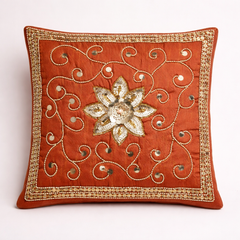 Hand Crafted Embroidered Cushion Cover – Bronze | 12"x12" | Poly Cotton | Floral Design