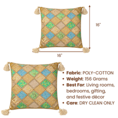 Handcrafted Beige Cushion Cover – 16"x16" | Diamond Patchwork Embroidery | Tassel Accents | Premium Poly Cotton