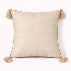 Handcrafted Beige Cushion Cover – 16"x16" | Diamond Patchwork Embroidery | Tassel Accents | Premium Poly Cotton