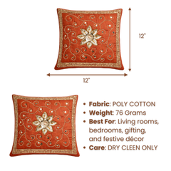 Hand Crafted Embroidered Cushion Cover – Bronze | 12"x12" | Poly Cotton | Floral Design