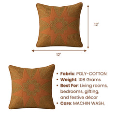 Machine Crafted Orange Cushion Cover – 12"x12" | Geometric Star Patchwork Embroidery | Premium Poly-Cotton Decorative Cushion Cover