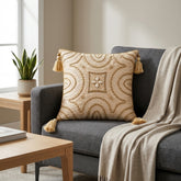 Hand Crafted Cushion Cover – Beige | 12"x12" | Poly Cotton | Embroidered Geometric Tassel Design