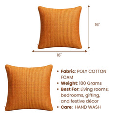 Fabric Crafted Cushion Cover – Dark Orange | 16"x16" | Poly Cotton Foam Fabric | Elegant Ribbed Texture Design