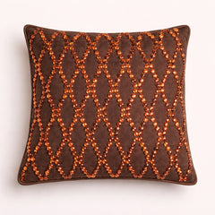 Hand Crafted Cushion Cover – Brown | 16"x16" | Poly Cotton | Premium Beaded Embroidery Design