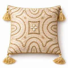Hand Crafted Cushion Cover – Beige | 12"x12" | Poly Cotton | Embroidered Geometric Tassel Design