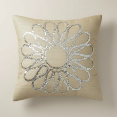Handcrafted Beige Cushion Cover – 16"x16", Premium Poly Cotton with Metallic Embellished Design