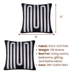 Handcrafted Black Cushion Cover – 12"x12" | Linear Embroidered Design | Premium Poly Cotton