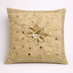 Hand Crafted Embroidered Cushion Cover – Beige | 12"x12" | Poly Cotton | Floral Design