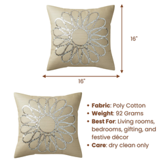 Handcrafted Beige Cushion Cover – 16"x16", Premium Poly Cotton with Metallic Embellished Design