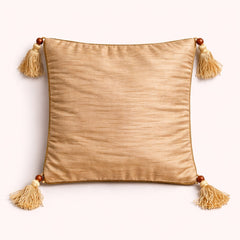 Hand Crafted Cushion Cover – Beige | 12"x12" | Poly Cotton | Embroidered Geometric Tassel Design
