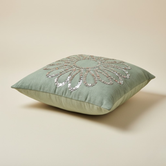 Handcrafted Light Green Floral Cushion Cover – 12"x12", Premium Poly Cotton