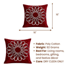 Hand Crafted Cushion Cover – Maroon | 16"x16" | Poly Cotton Fabric | Stone Work Floral Design