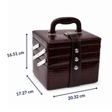 Luxury Brown Crocodile Leather Jewellery Vanity Box with Mirror, Multi-Layer Expandable Storage & Portable Travel Organizer (20.32 × 17.27 × 16.51 cm)
