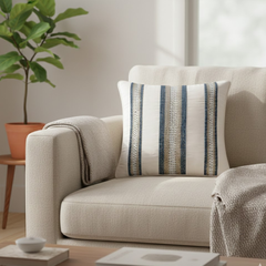 Handcrafted White Cushion Cover – 12"x12" | Vertical Stripe Embroidery | Premium Poly Cotton