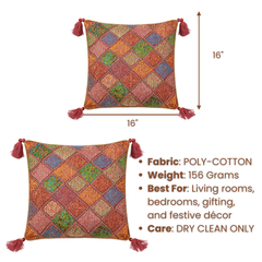 Handcrafted Maroon Cushion Cover – 16"x16" | Diamond Patchwork Embroidery | Tassel Accents | Premium Poly Cotton