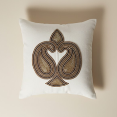 Handcrafted Cream Cushion Cover – 12"x12" | Elegant Paisley Embellished Design | Premium Poly Cotton