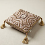 Hand Crafted Cushion Cover – Beige | 16"x16" | Poly Cotton | Embroidered Geometric Tassel Design