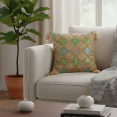 Handcrafted Rust Cushion Cover – 12"x12" | Diamond Patchwork Embroidery | Tassel Accents | Premium Poly Cotton