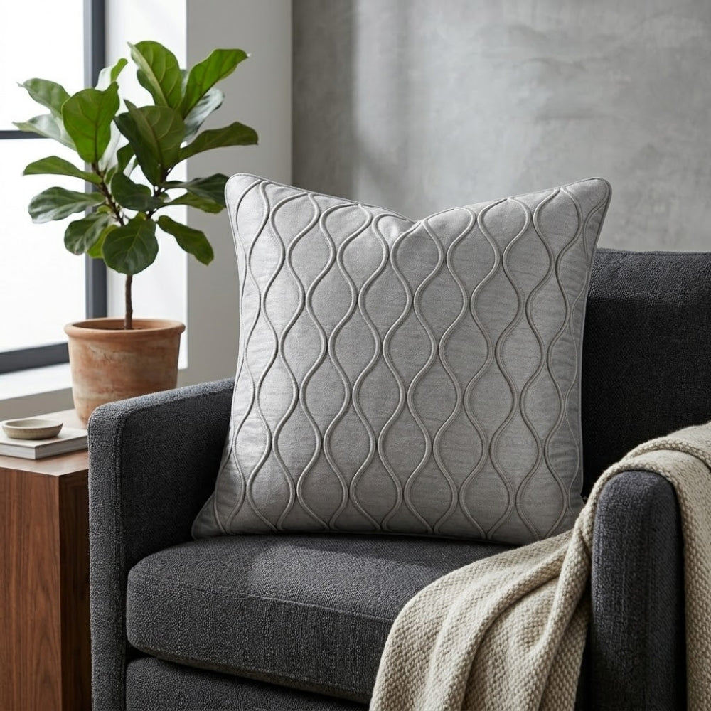 Fabric Crafted Cushion Cover – Beige Ivory | 16"x16" | Poly Cotton Fabric | Elegant Embossed Wavy Pattern Design