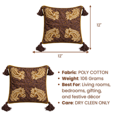 Hand Crafted Cushion Cover – Brown | 12"x12" | Poly Cotton | Embroidered Paisley Design