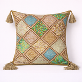 Handcrafted Rust Cushion Cover – 12"x12" | Diamond Patchwork Embroidery | Tassel Accents | Premium Poly Cotton