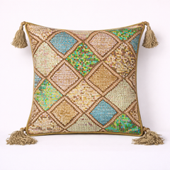 Handcrafted Rust Cushion Cover – 12"x12" | Diamond Patchwork Embroidery | Tassel Accents | Premium Poly Cotton