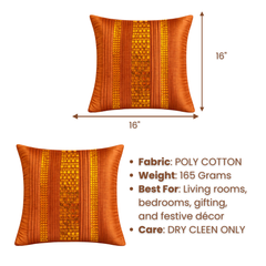 Hand Crafted Cushion Cover – Orange | 16"x16" | Poly Cotton | Textured Panel Design
