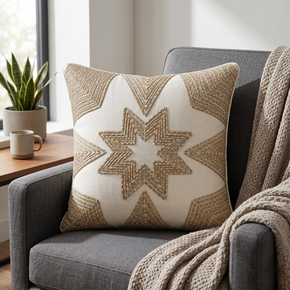 Machine Crafted White Cushion Cover – 12"x12" | Geometric Star Patchwork Embroidery | Premium Poly-Cotton Decorative Cushion Cover