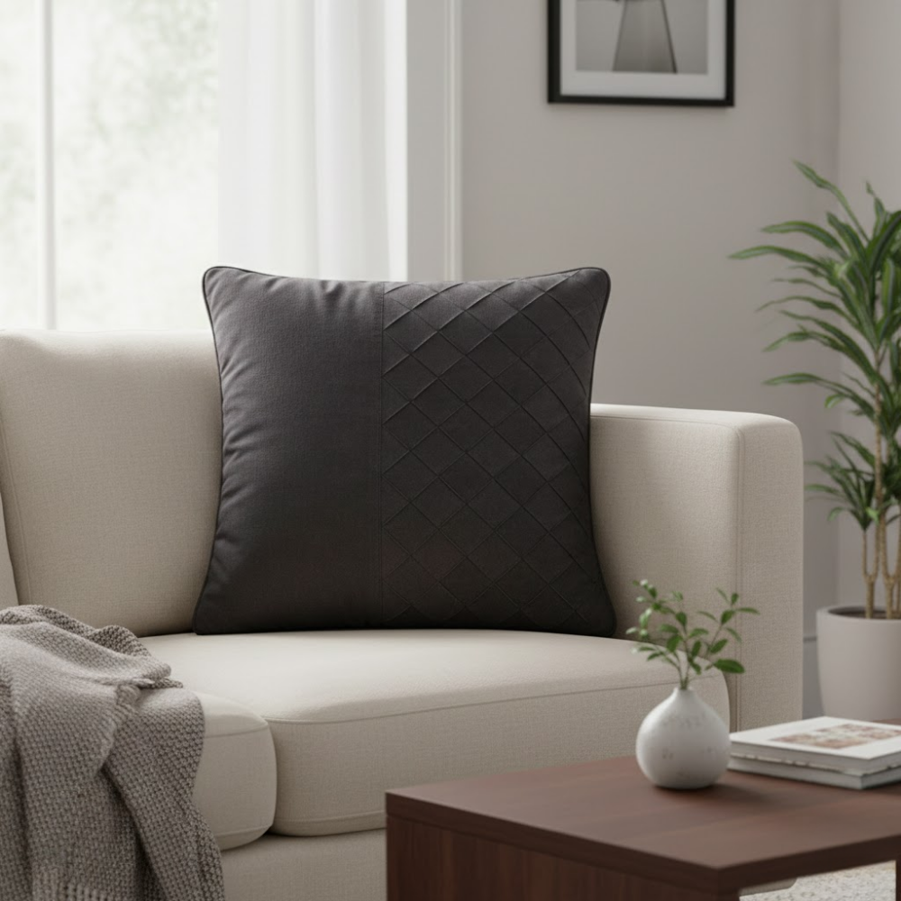 Fabric Crafted Cushion Cover – Black | 16"x16" | Poly Cotton | Modern Textured Design