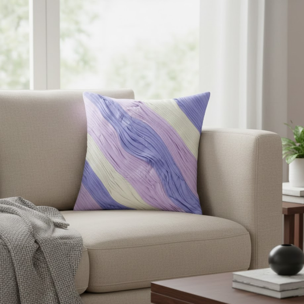 Fabric-Crafted Purple Cushion Cover – 16"x16" | Triple-Tone Pleated Waves | Premium Poly Cotton