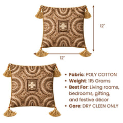 Hand Crafted Cushion Cover – Metallic | 12"x12" | Poly Cotton | Embroidered Geometric Tassel Design