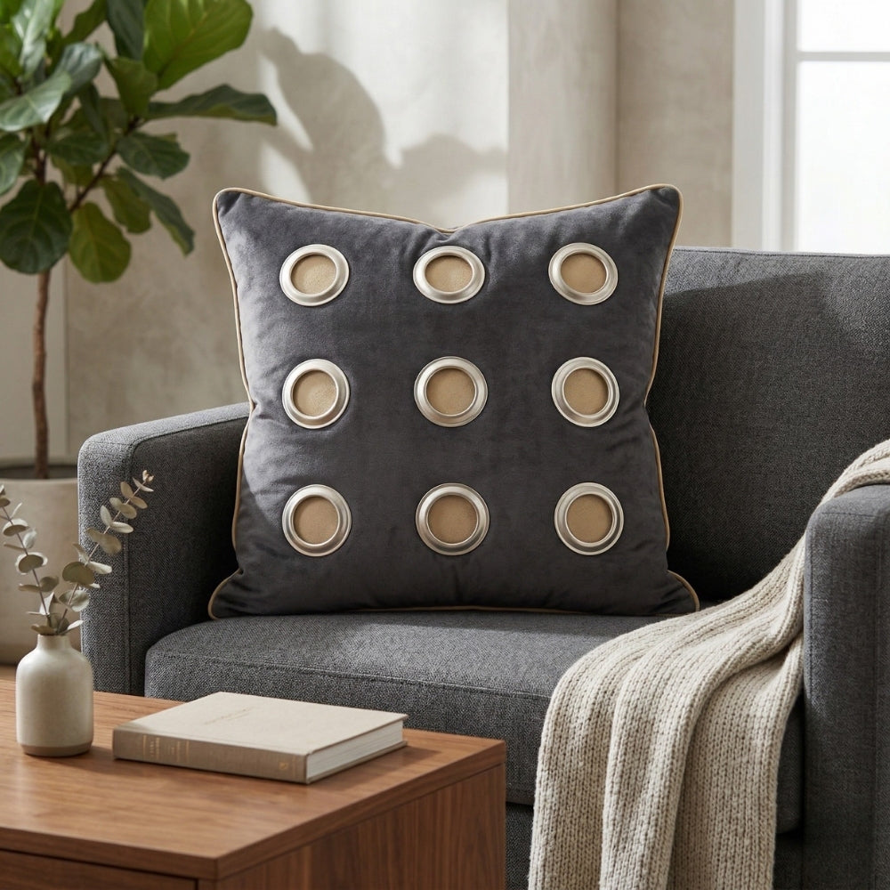 Hand Crafted Cushion Cover – Black | 16"x16" | Poly Cotton | Designer Ring Embellished Pattern