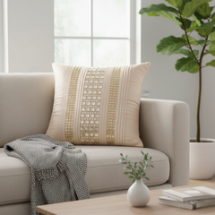 Hand Crafted Cushion Cover – Beige | 16"x16" | Poly Cotton | Textured Panel Design
