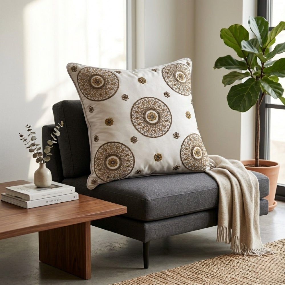 Hand Crafted Cushion Cover – White | 16"x16" | Poly Cotton Fabric | Embroidered Mandala Design